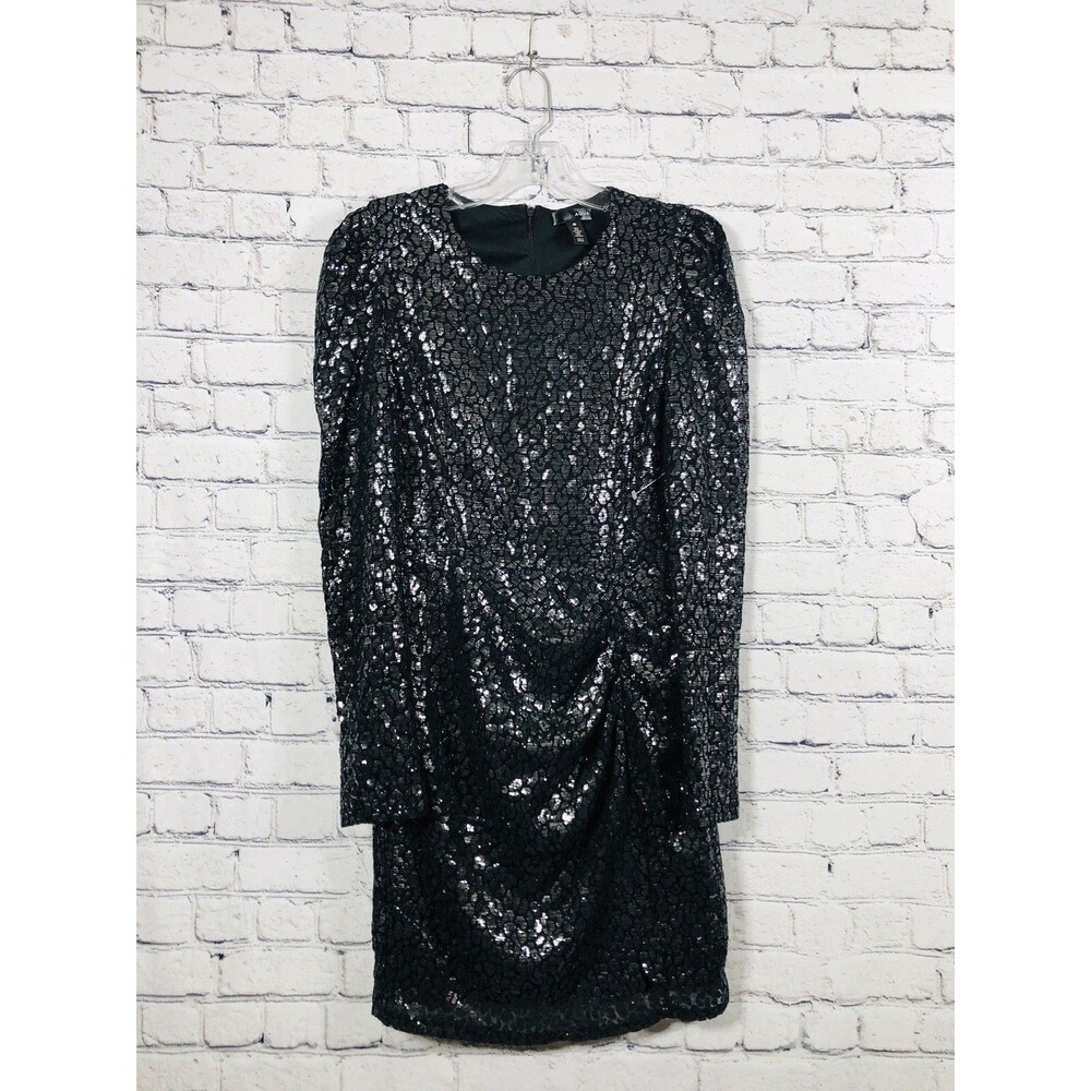 AQUA Women's Sequin Leopard Print Dress Puff Sleeve Ruched‎ Black Silver Size M